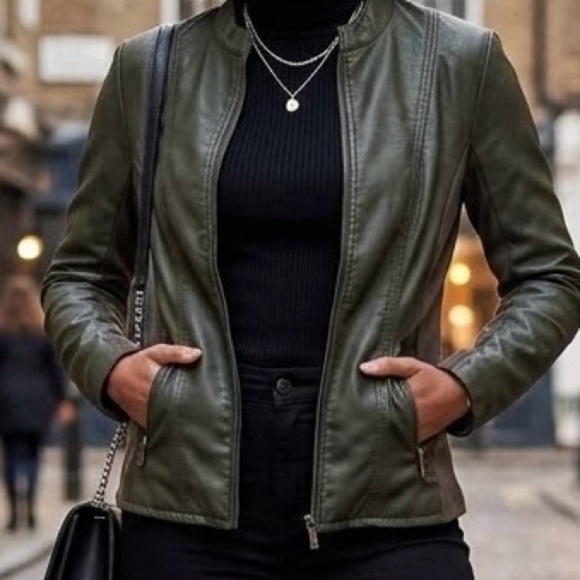 Northern Reflections Jackets & Blazers - Northern Reflections Dark Olive Green Faux Leather Mixed Media Moto Jacket Chic